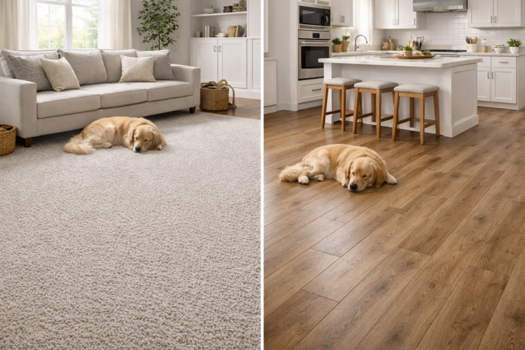 Golden retriever resting on carpet and luxury vinyl plank flooring showing best flooring options for dogs in a modern home