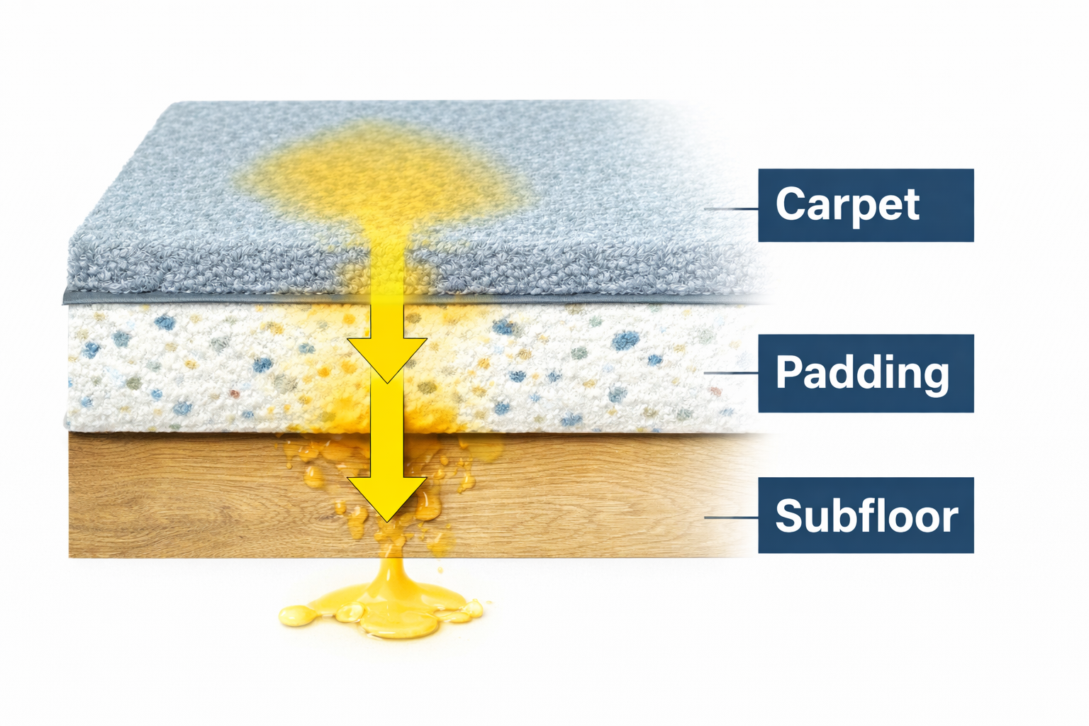 Diagram showing how cat urine soaks through carpet, carpet padding, and into the subfloor where odors become trapped
