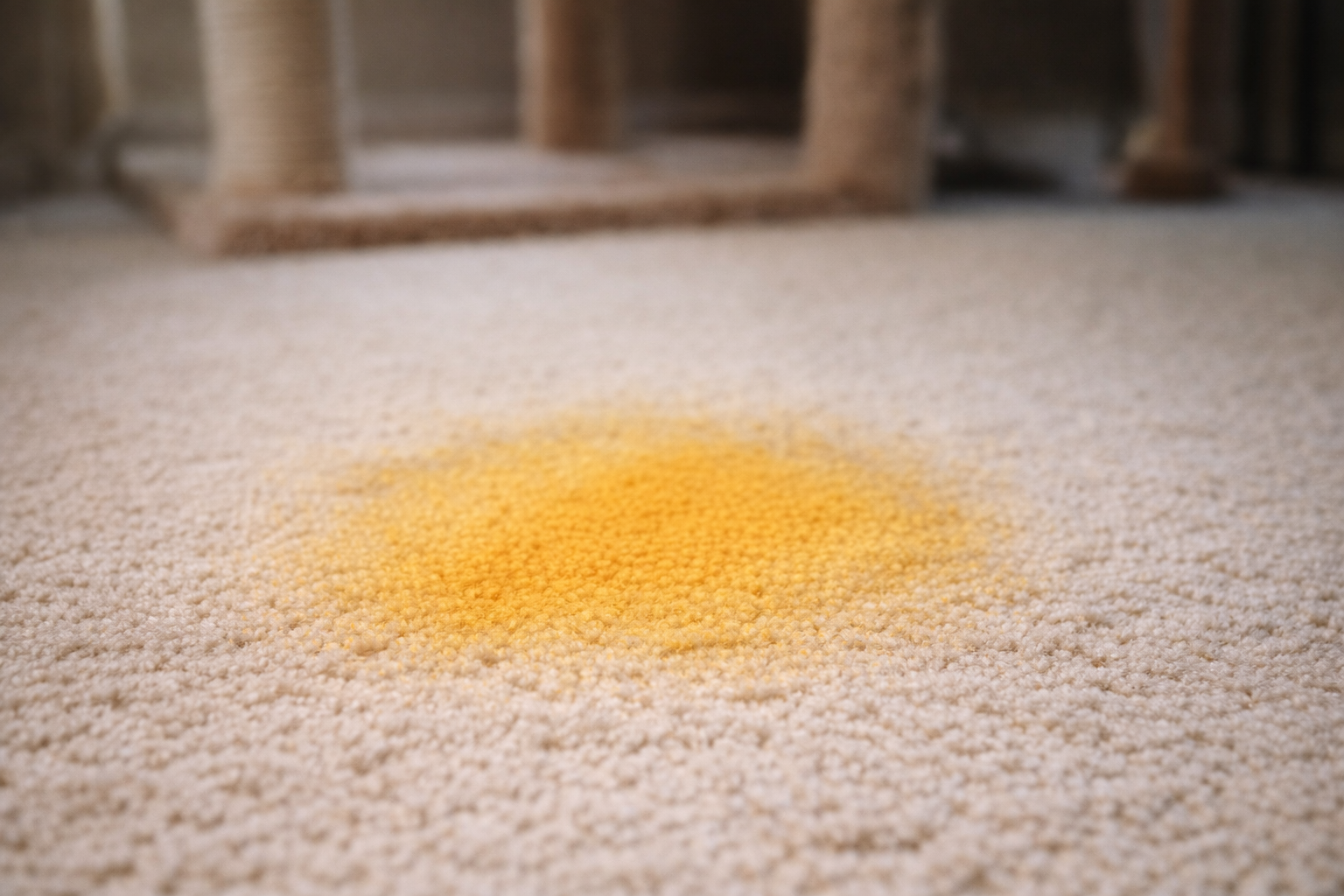 Cat urine stain on carpet showing yellow spot before enzyme cleaner treatment